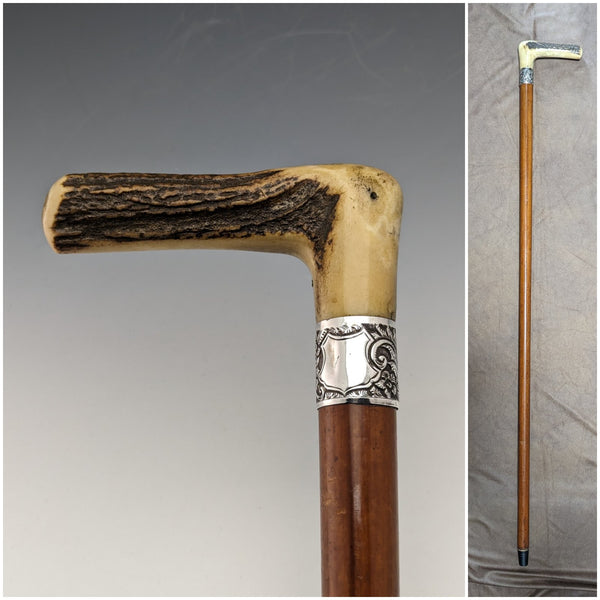 Late 19th Century British Antique Cane with Horse Measure Antler Handle Brown Shaft 92cm